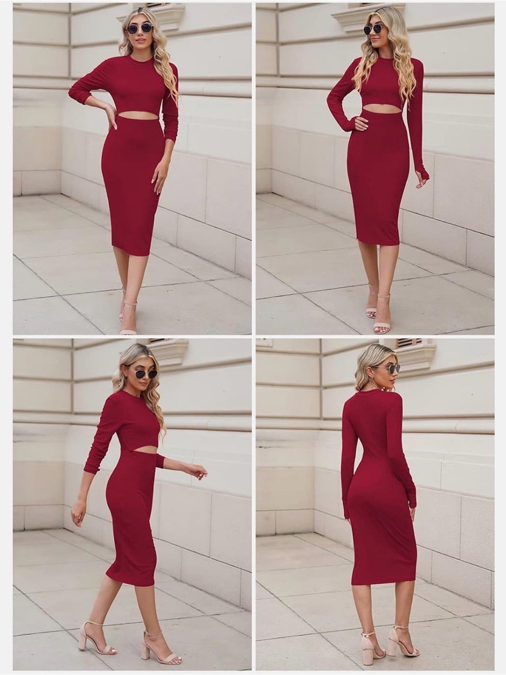 PrettyGarden Crew Neck Long Sleeve Slim Bodycon Cutout Ribbed Midi Knit Dress - Picture 10 of 10